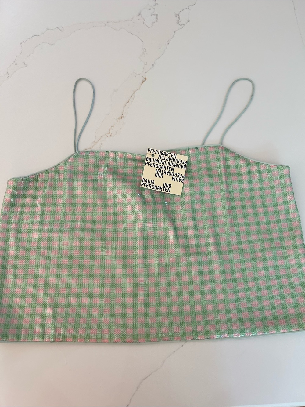 Green & Pink Gingham sequined Crop Cami